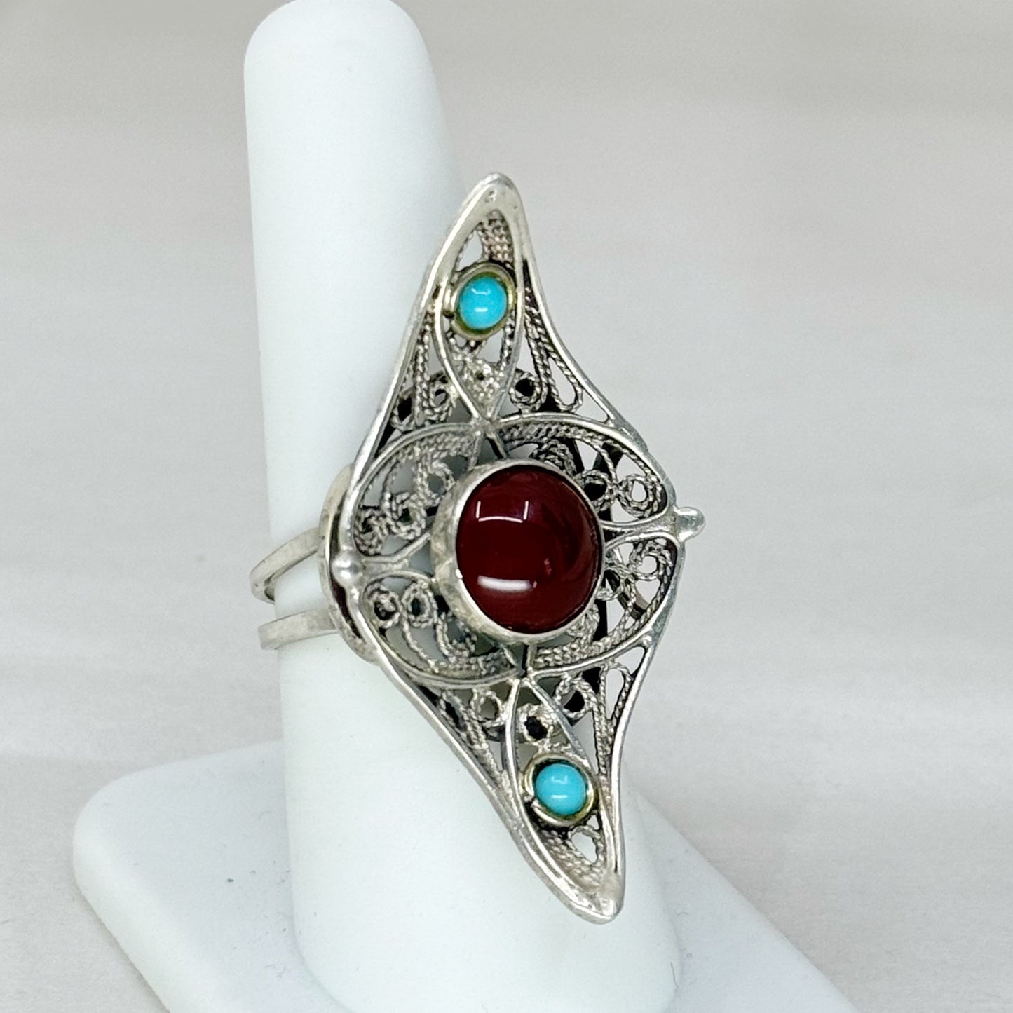 Vintage sterling silver carnelian & turquoise filigree ring - GM251