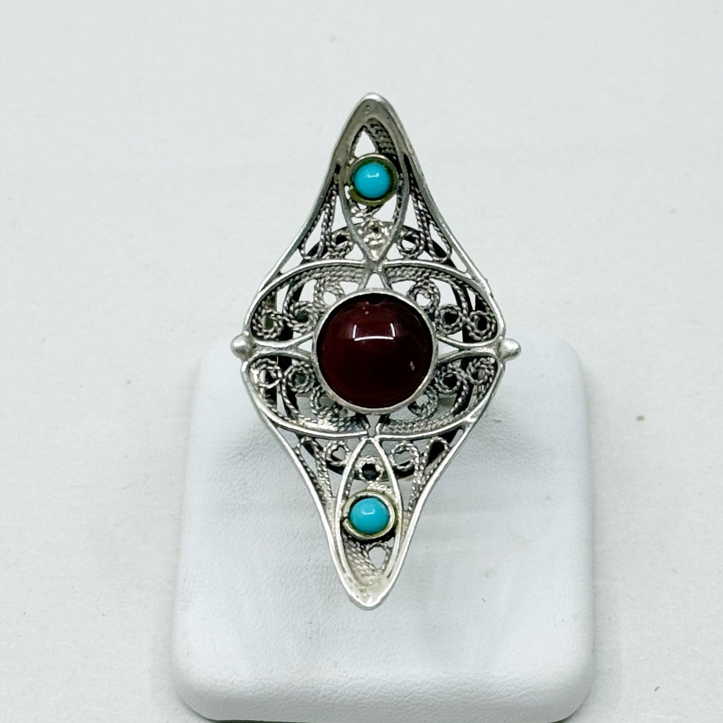 Vintage sterling silver carnelian & turquoise filigree ring - GM251