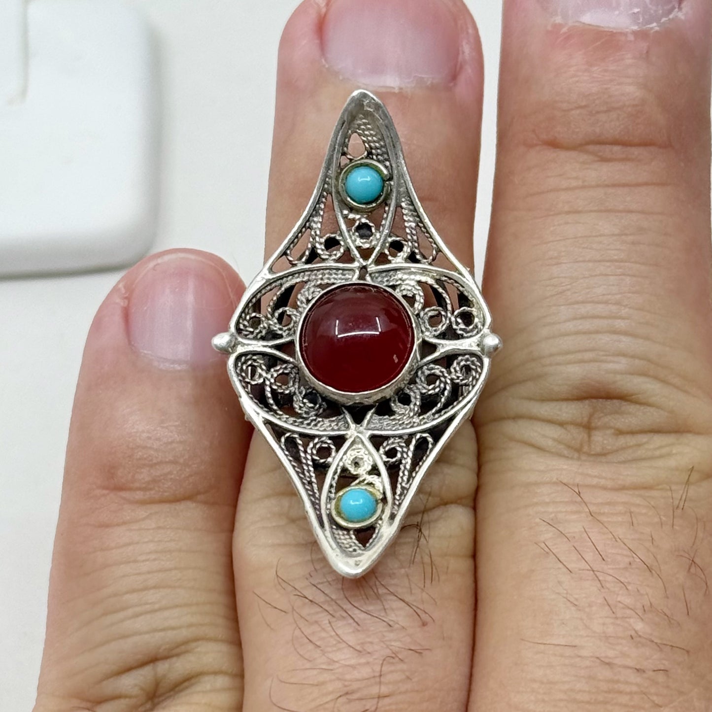 Vintage sterling silver carnelian & turquoise filigree ring - GM251