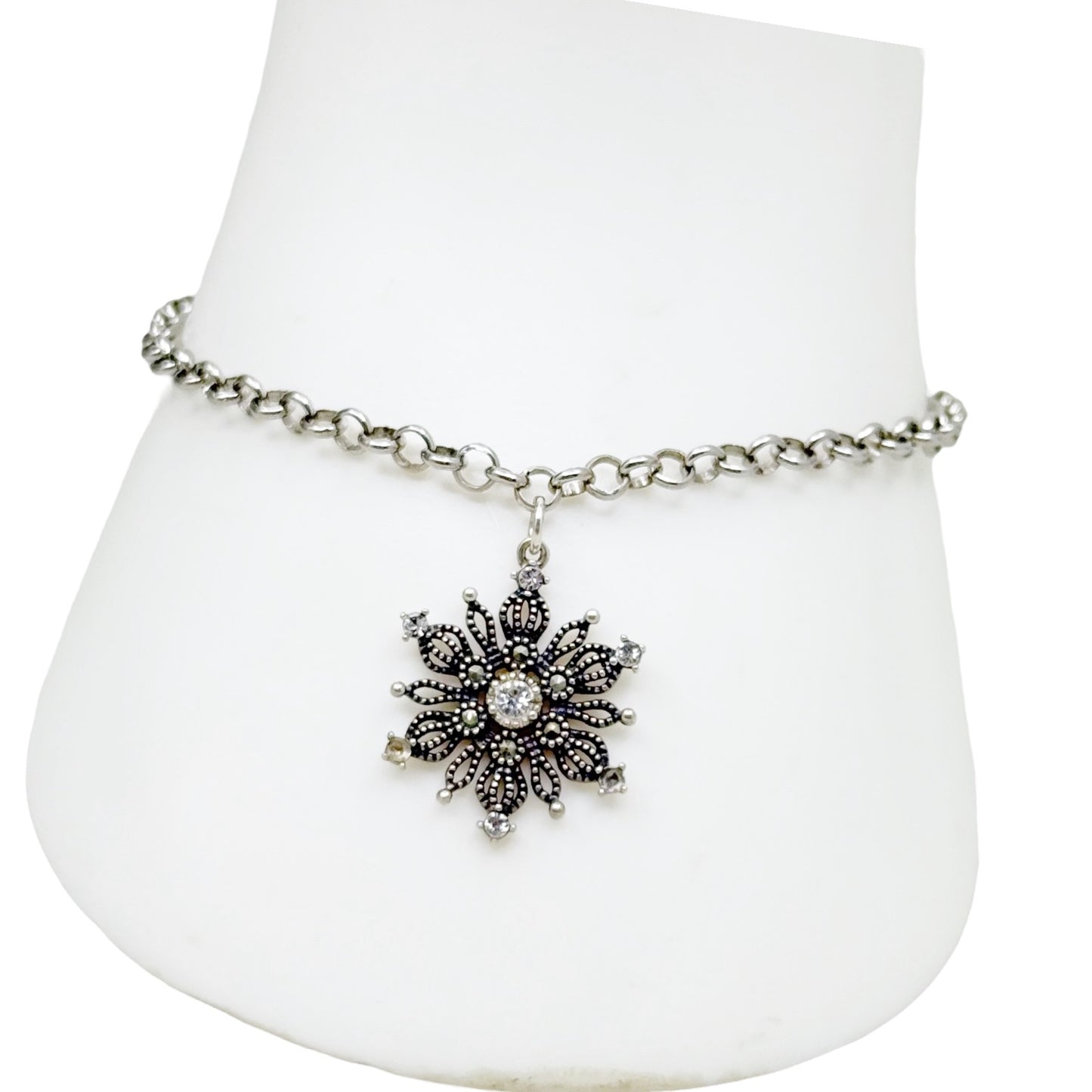 sterling silver crystal & marcasite snowflake charm bracelet - GM27