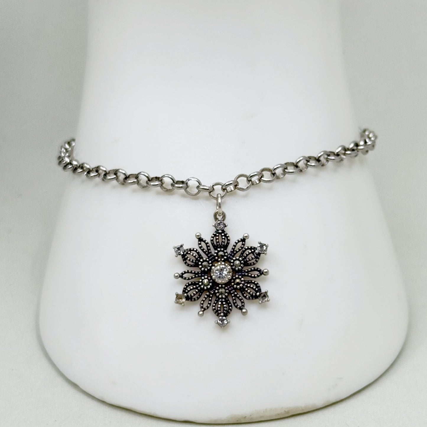 sterling silver crystal & marcasite snowflake charm bracelet - GM27