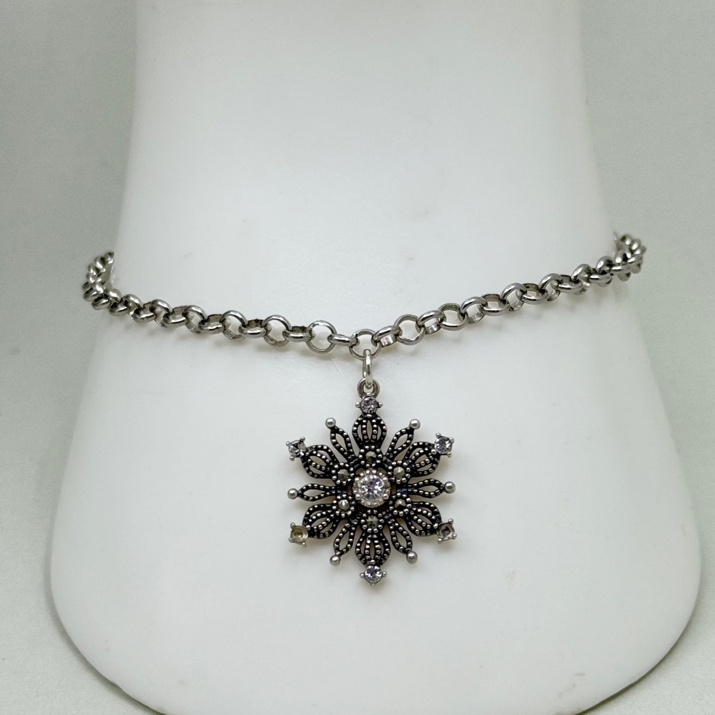 sterling silver crystal & marcasite snowflake charm bracelet - GM27