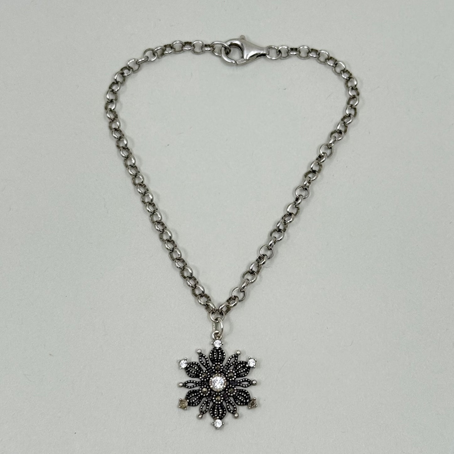 sterling silver crystal & marcasite snowflake charm bracelet - GM27