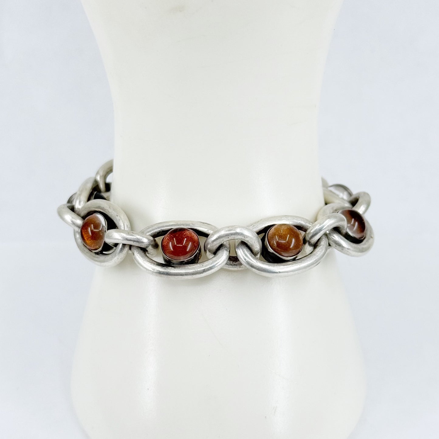 Vintage Vaubel sterling silver sugar loaf glass cabochon link bracelet - GM277