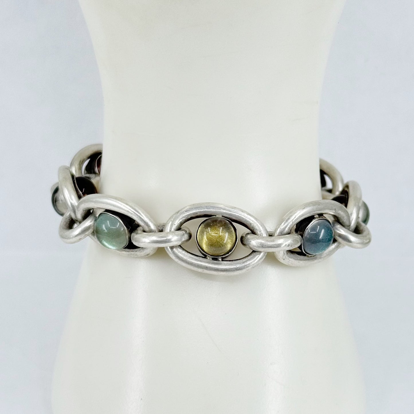 Vintage Vaubel sterling silver sugar loaf glass cabochon link bracelet - GM277