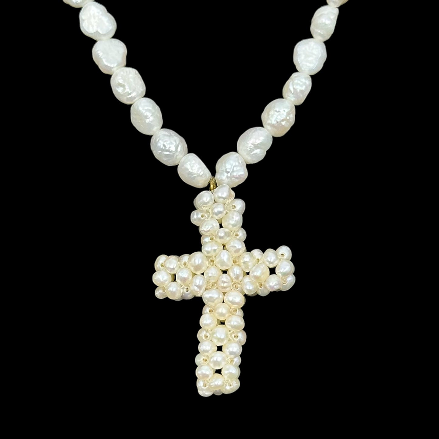 Hand Made gold tone freshwater pearl bead cross pendant necklace - GM279