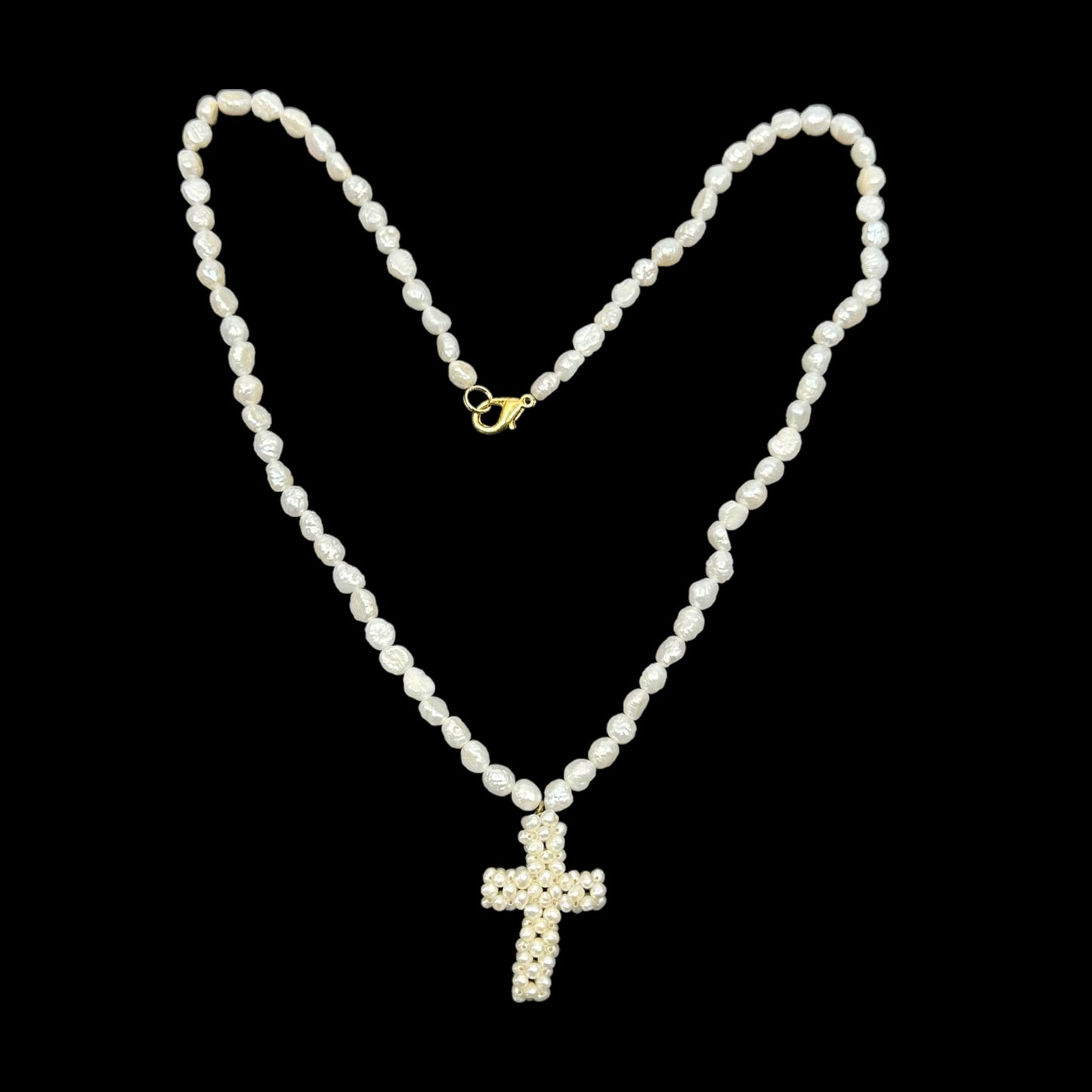 Hand Made gold tone freshwater pearl bead cross pendant necklace - GM279
