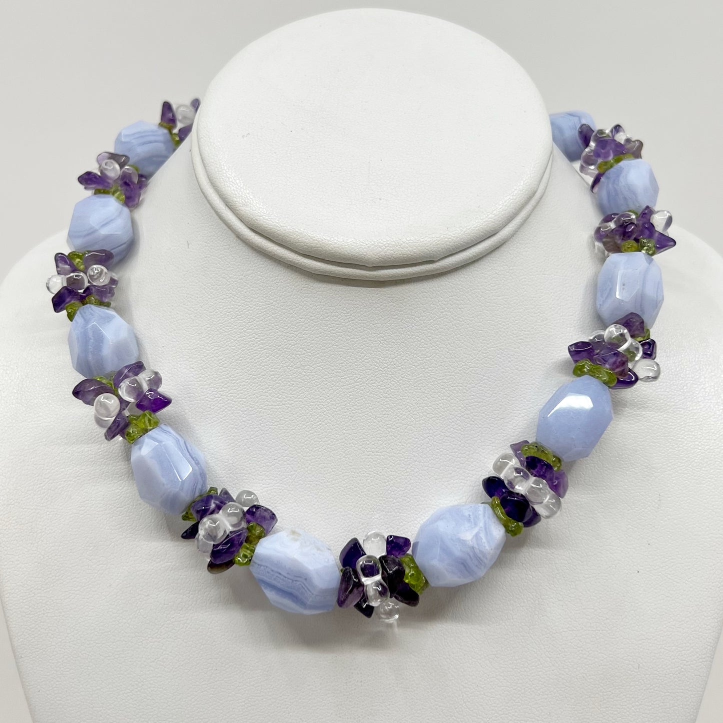 Sterling silver blue lace agate & gemstone bead necklace - GM280