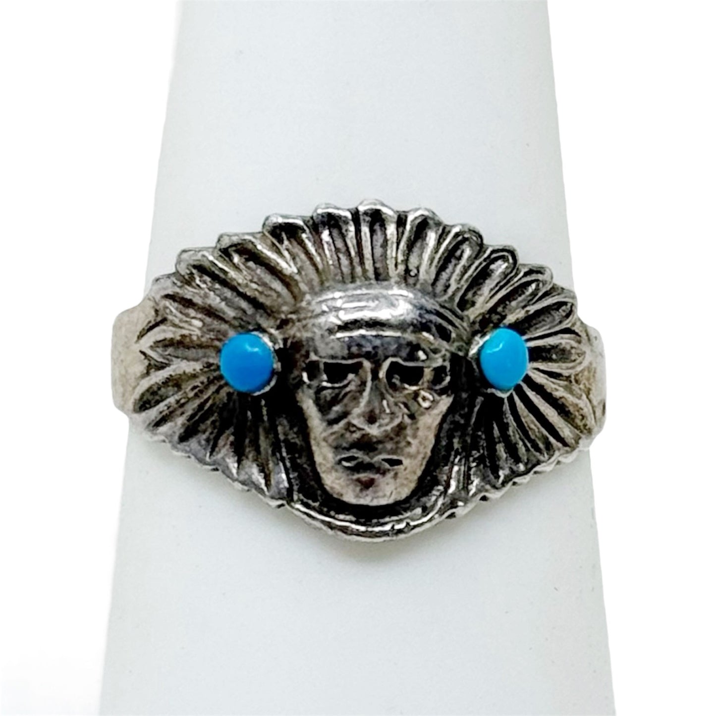Southwest sterling silver turquoise Indian chief ring - GM283