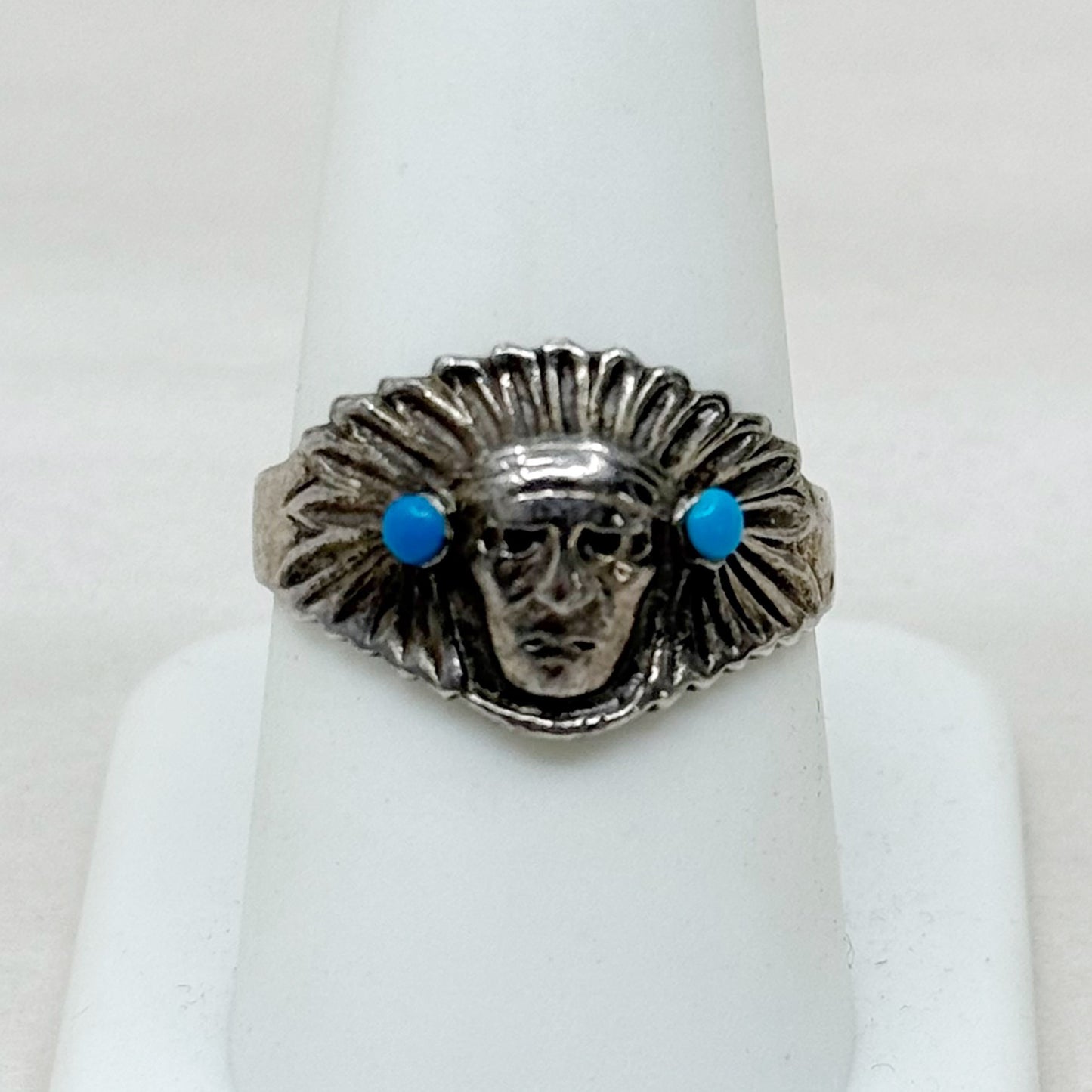 Southwest sterling silver turquoise Indian chief ring - GM283