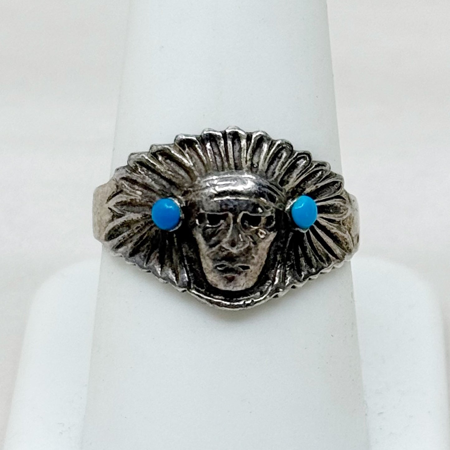 Southwest sterling silver turquoise Indian chief ring - GM283