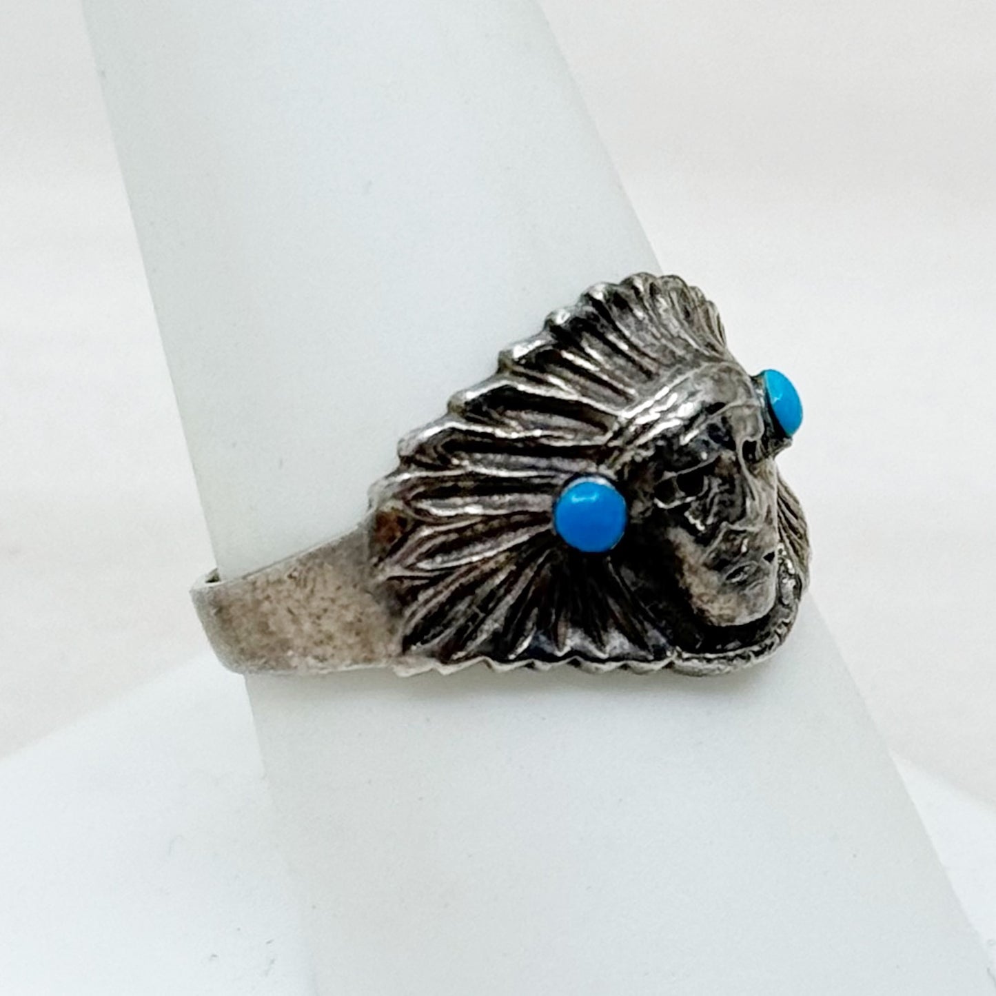 Southwest sterling silver turquoise Indian chief ring - GM283