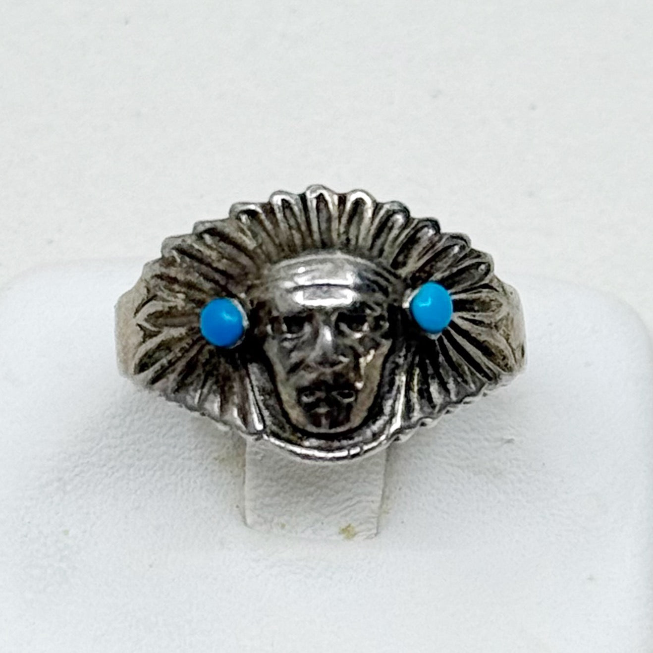 Southwest sterling silver turquoise Indian chief ring - GM283
