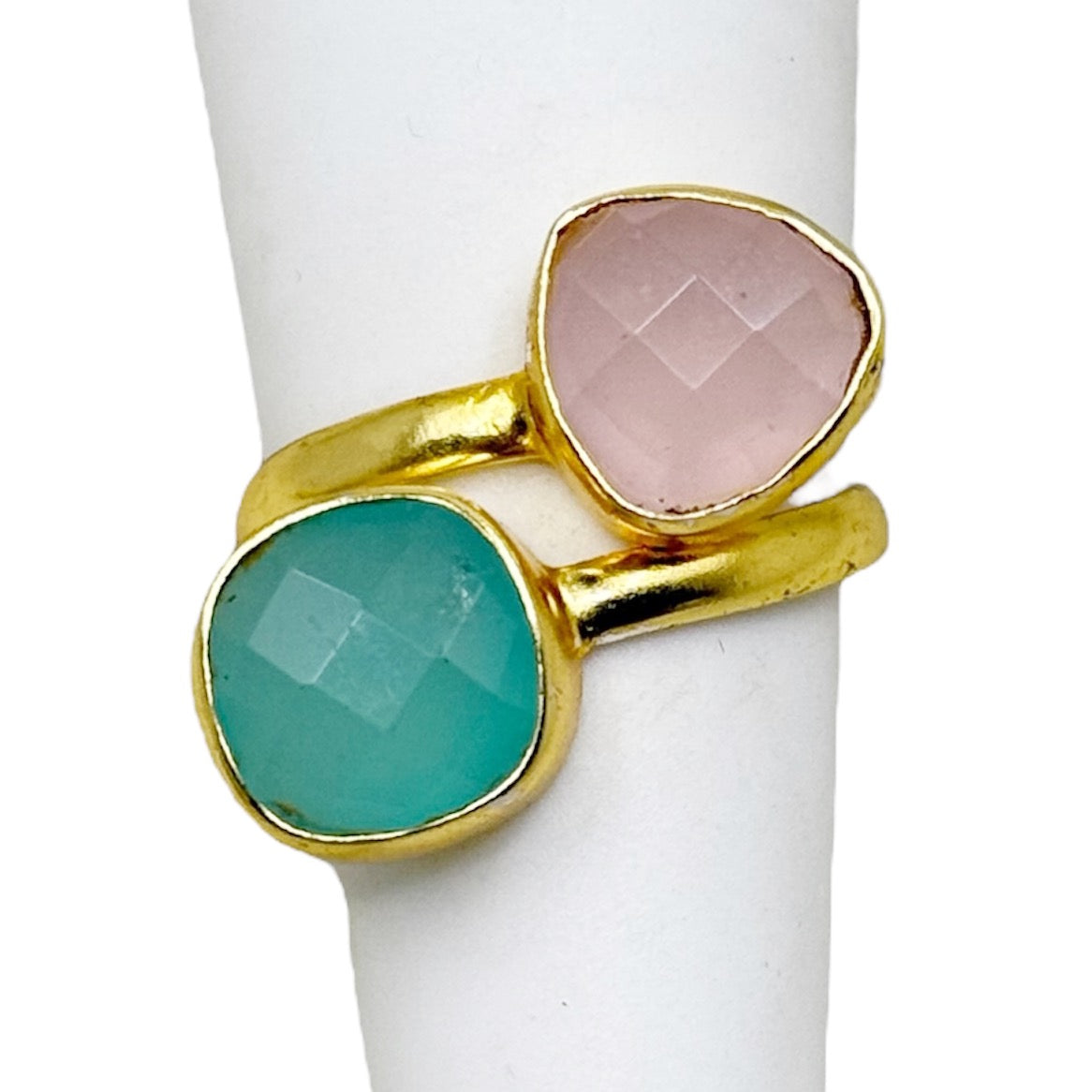 sterling silver chalcedony & rose quartz bypass ring - GM286