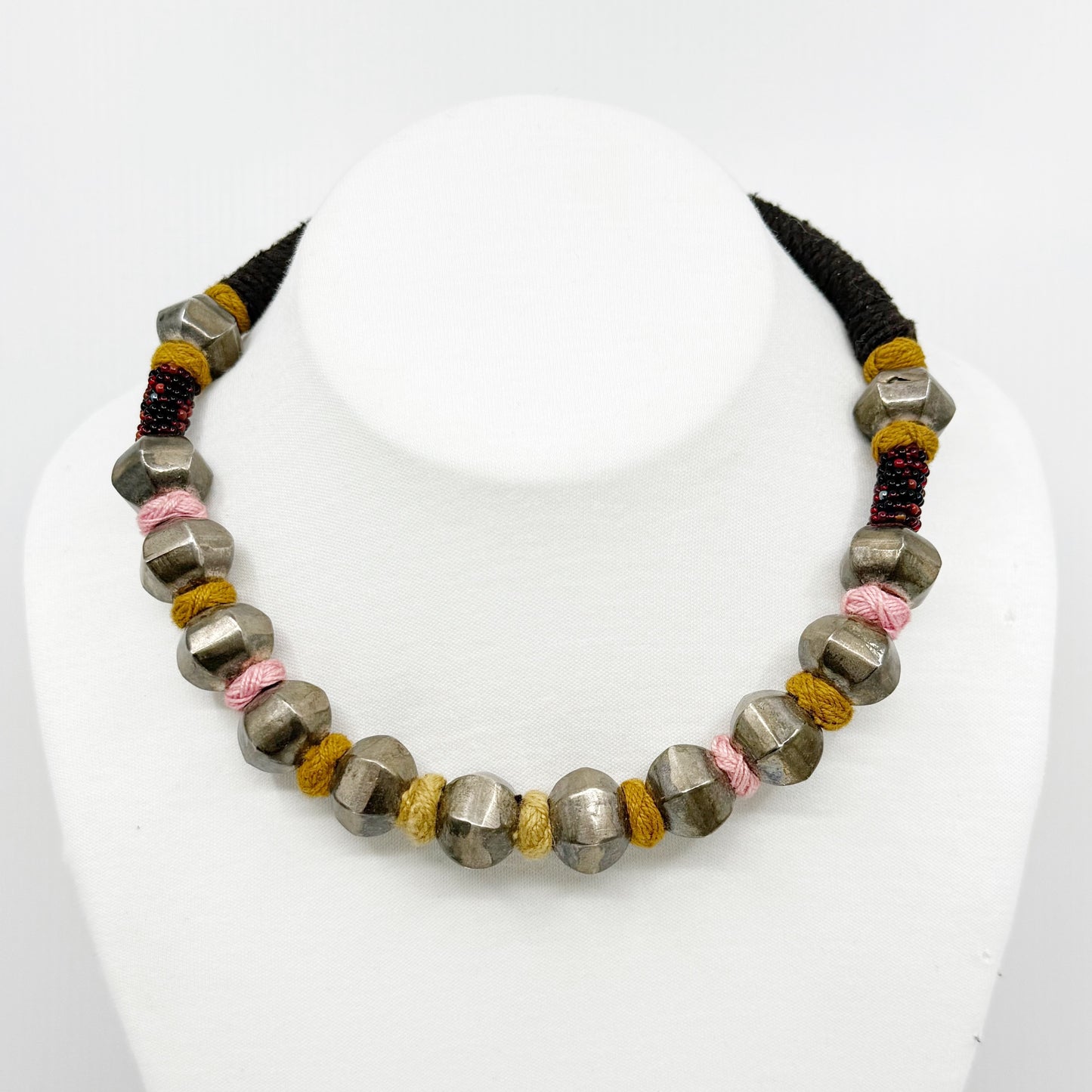 Vintage Indian sterling silver bead silk necklace - GM287