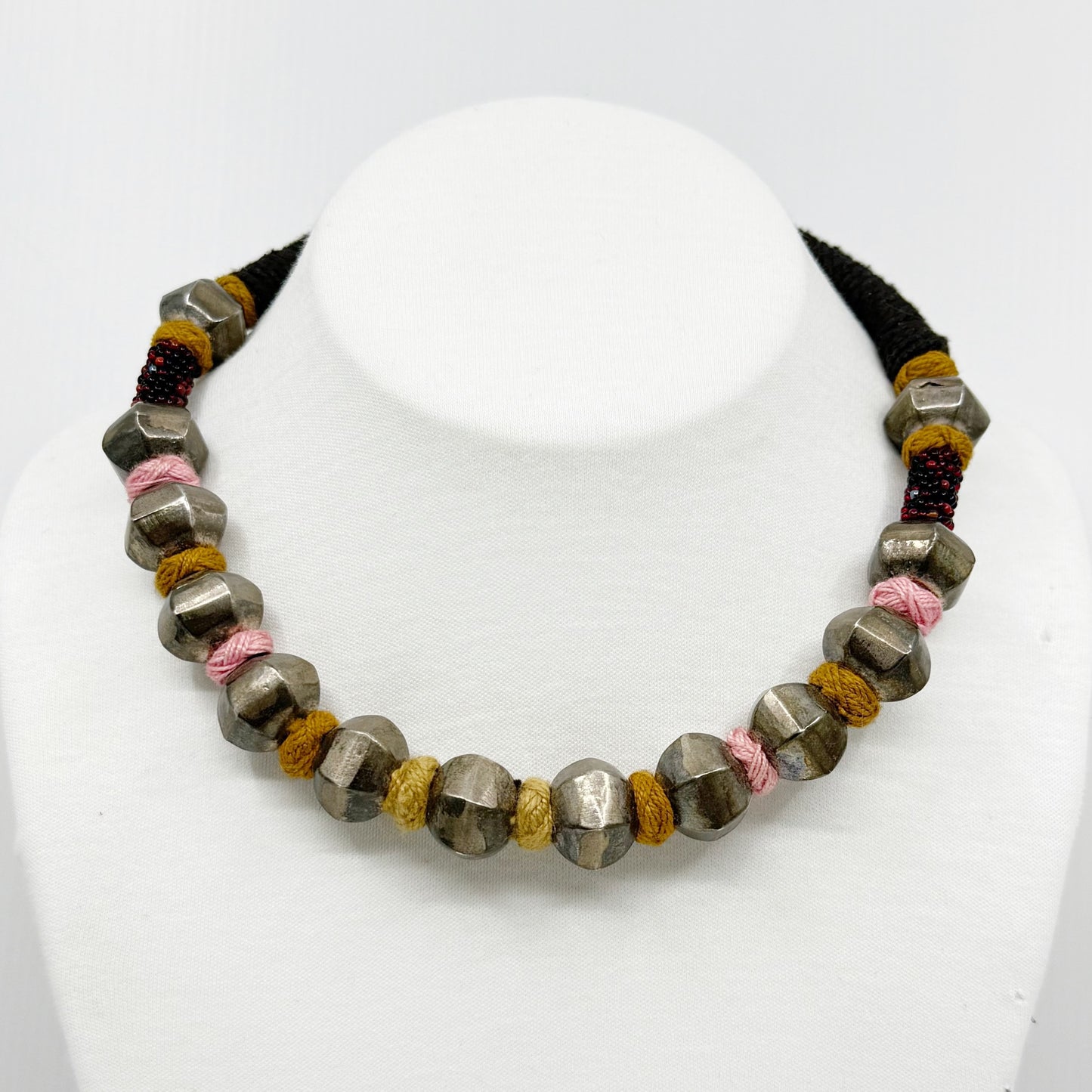 Vintage Indian sterling silver bead silk necklace - GM287