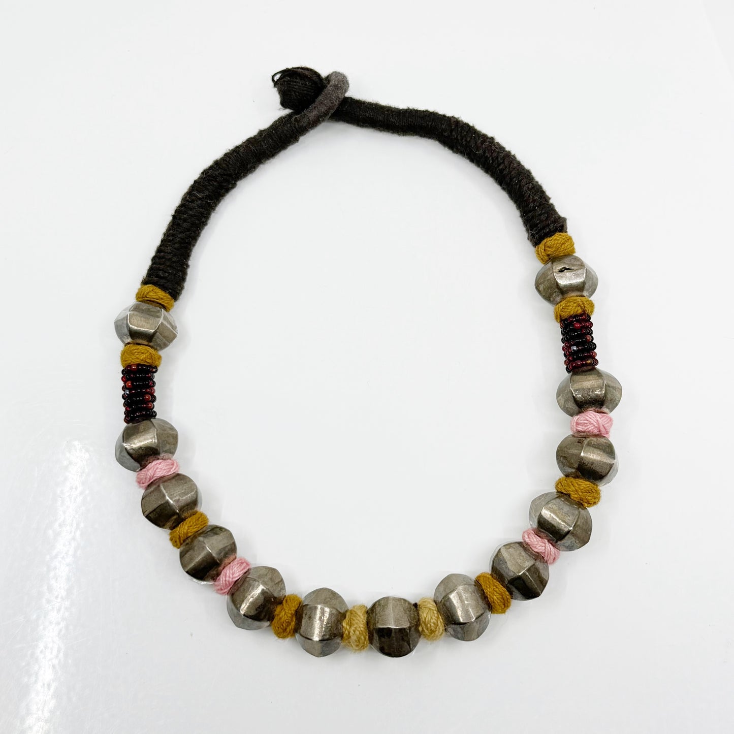 Vintage Indian sterling silver bead silk necklace - GM287