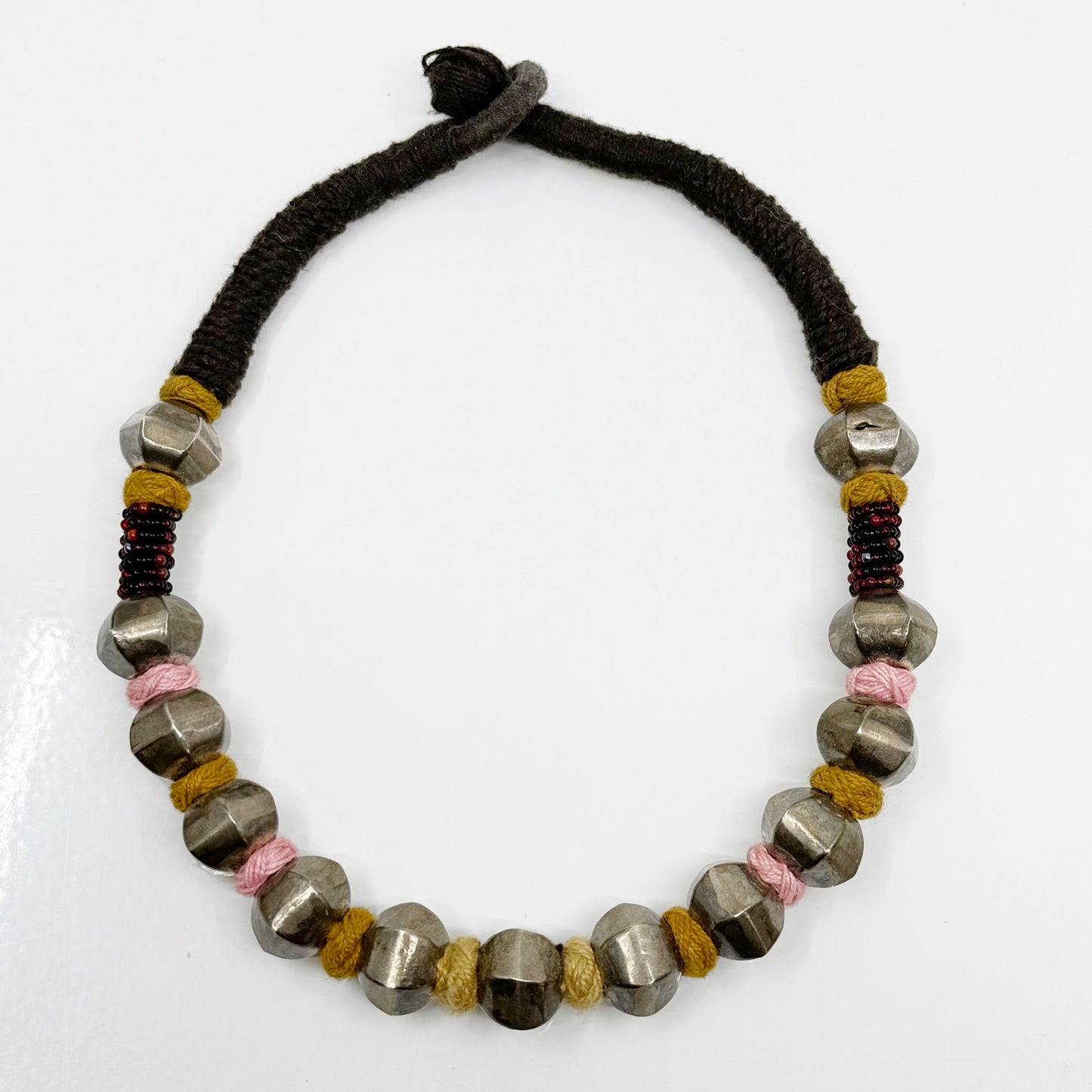 Vintage Indian sterling silver bead silk necklace - GM287