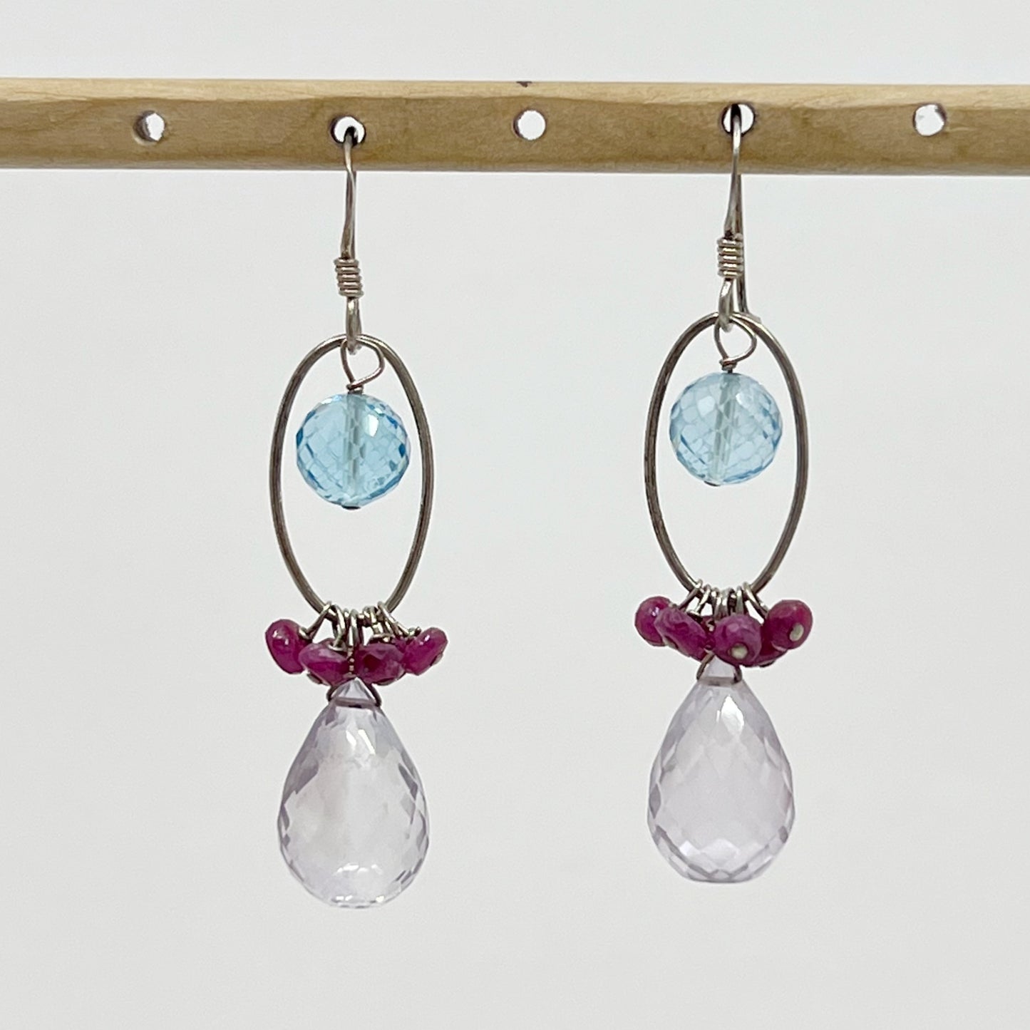 Sterling silver blue topaz, ruby & amethyst bead earrings - GM291