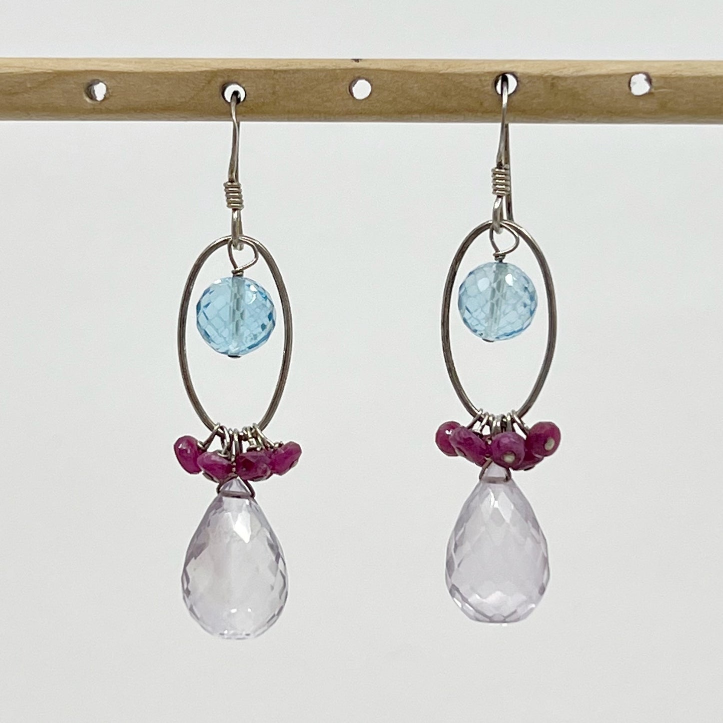 Sterling silver blue topaz, ruby & amethyst bead earrings - GM291