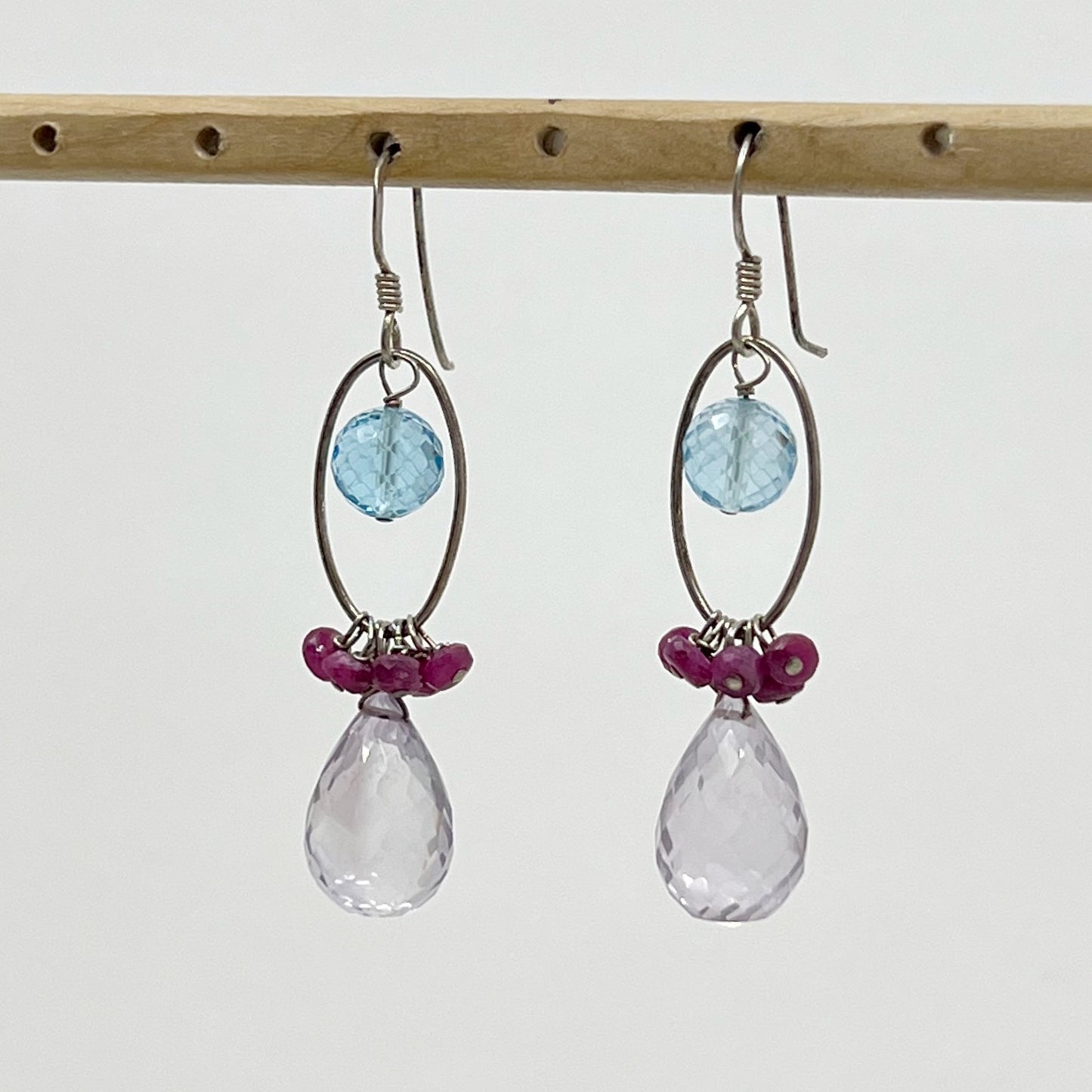 Sterling silver blue topaz, ruby & amethyst bead earrings - GM291