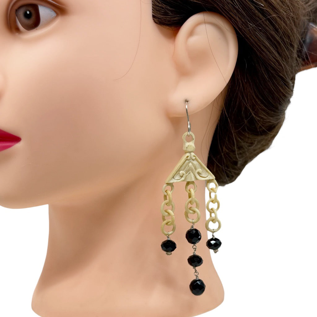 Hand Made sterling silver carved bone & onyx chandelier earrings - GM293