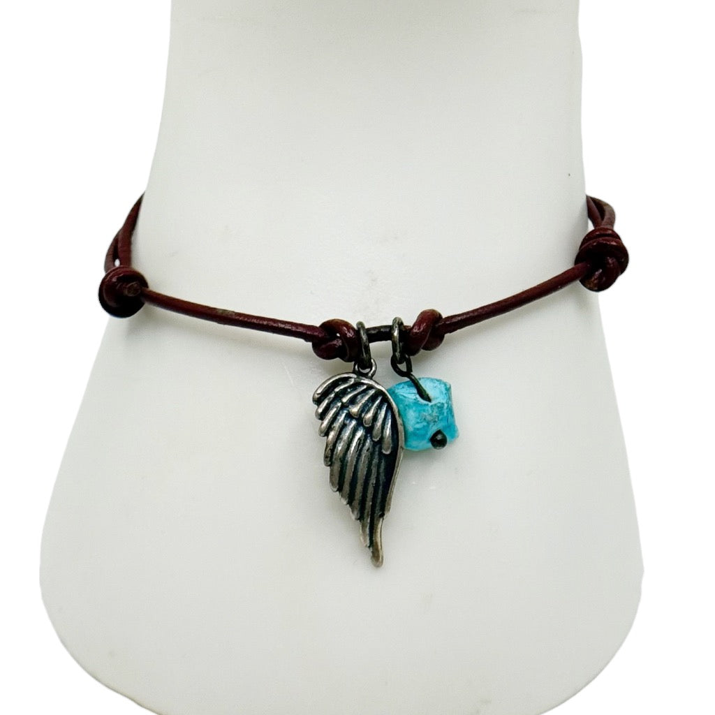 silver tone turquoise angel wing slide leather cord bracelet - GM319