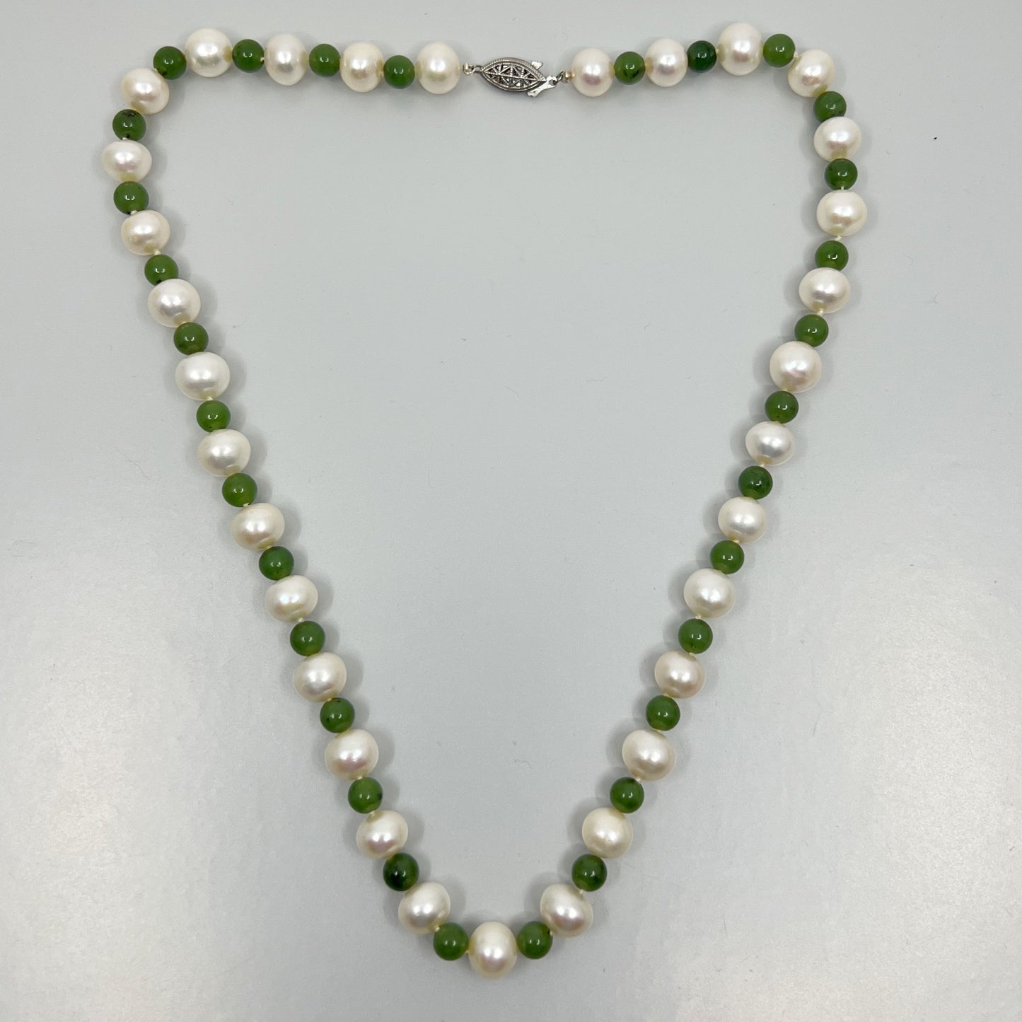 Sterling silver 11.5mm pearl & jade necklace
