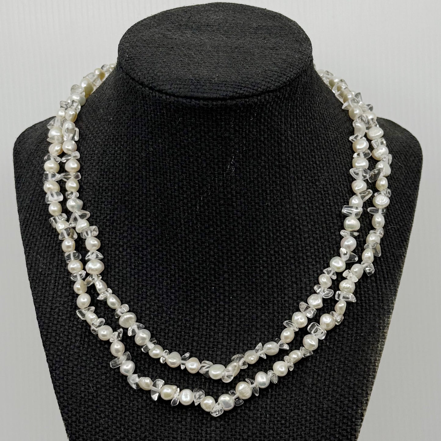 Hand Made sterling silver freshwater pearl & quartz bead necklace