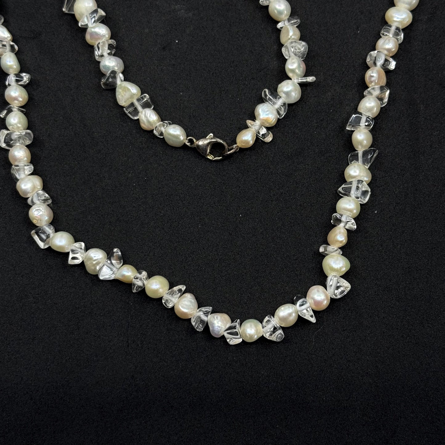 Hand Made sterling silver freshwater pearl & quartz bead necklace