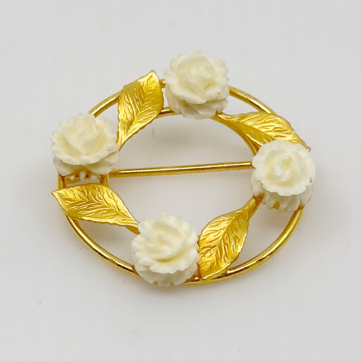 Vintage KL 12K Gold Filled carved bone rose brooch