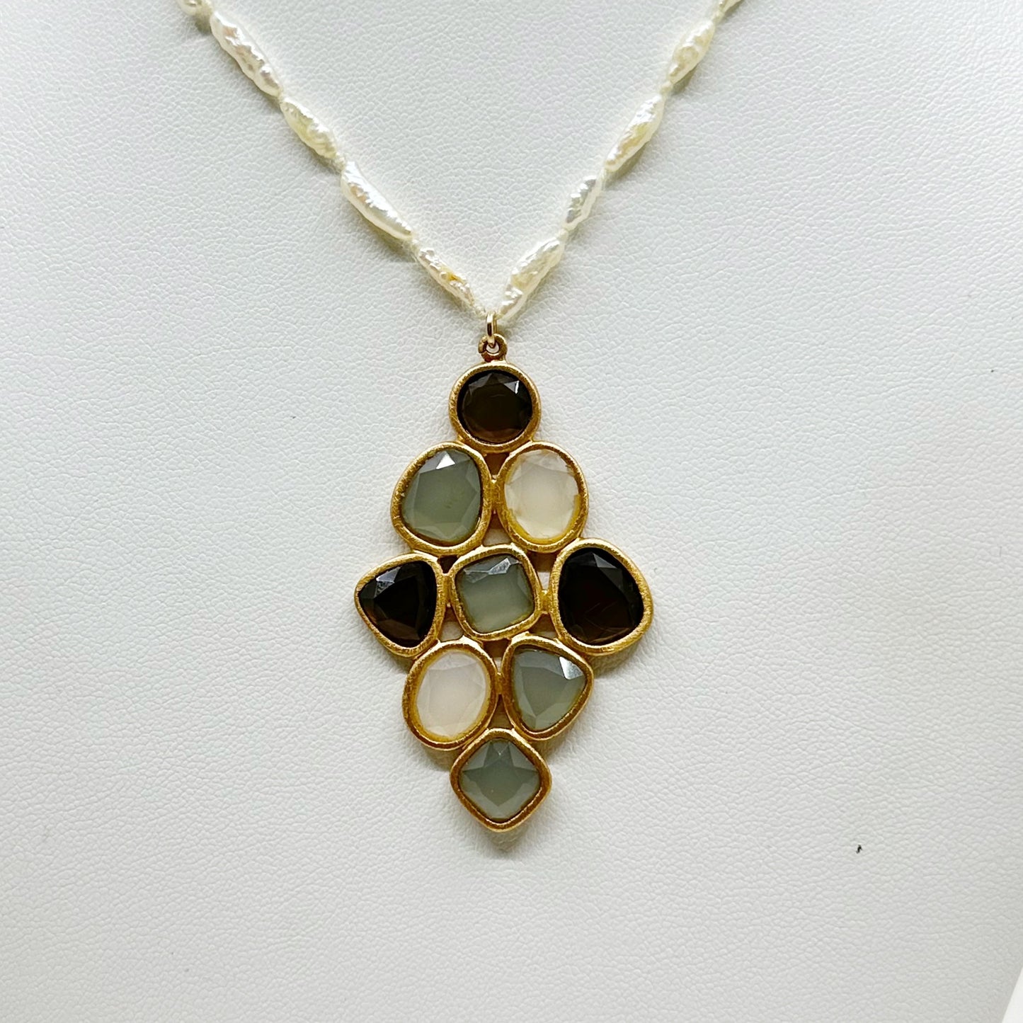 14k Gold vermeil sterling silver smoky quartz & chalcedony pearl strand necklace