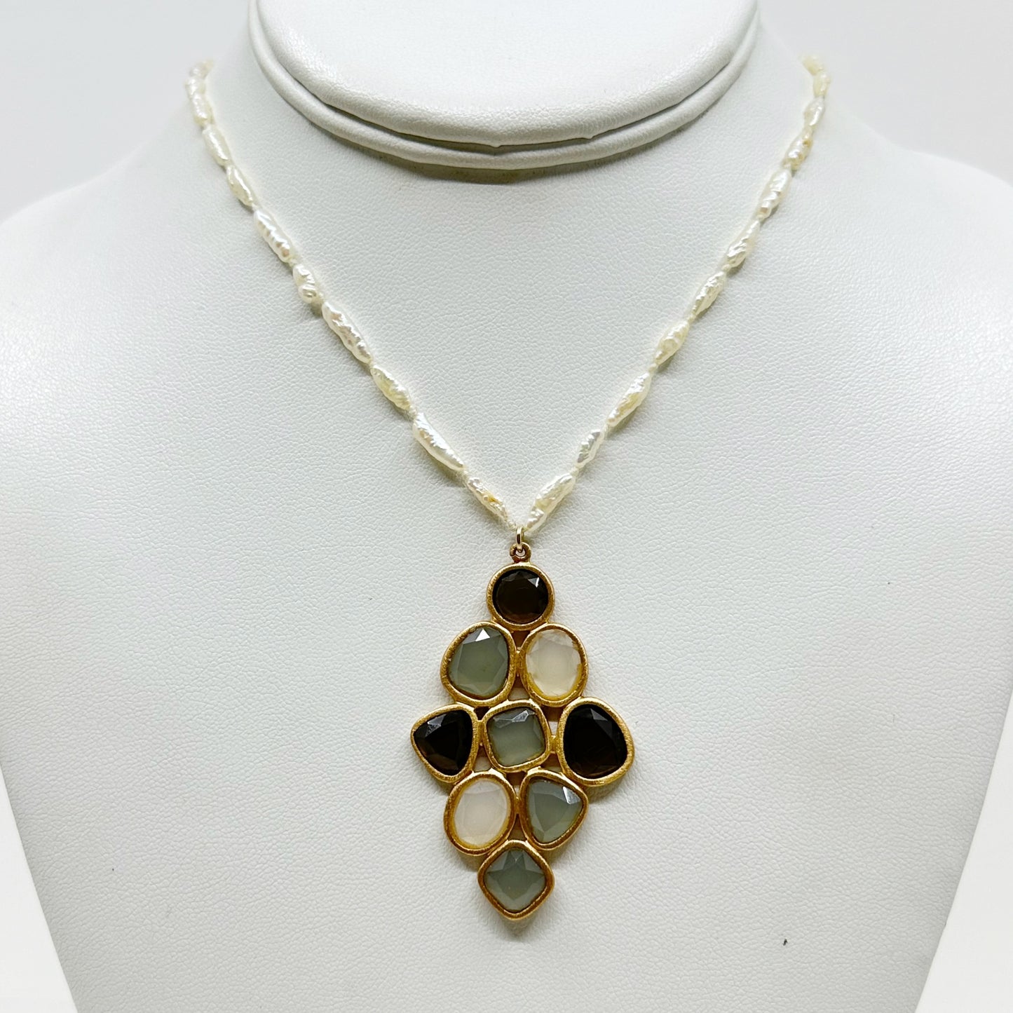 14k Gold vermeil sterling silver smoky quartz & chalcedony pearl strand necklace