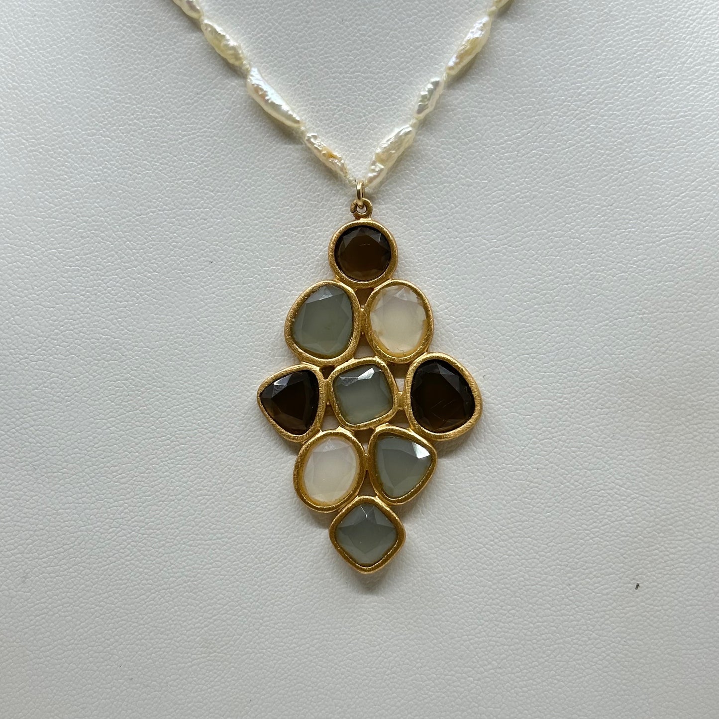 14k Gold vermeil sterling silver smoky quartz & chalcedony pearl strand necklace