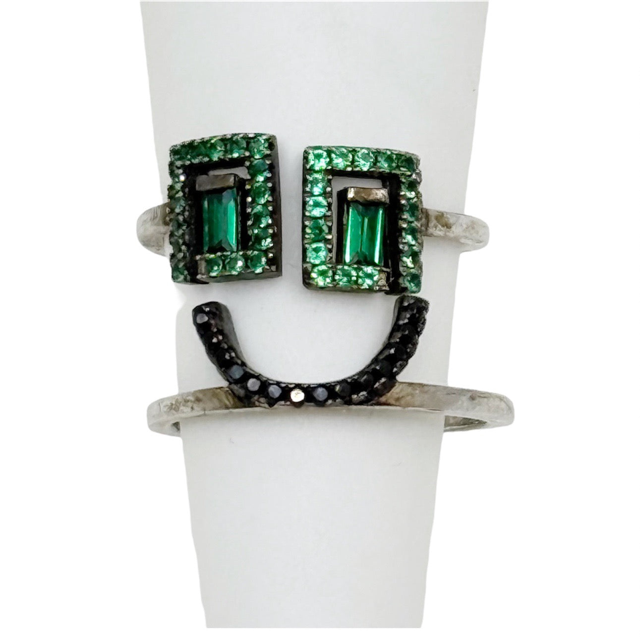sterling silver green cubic zirconia happy face ring - GM4
