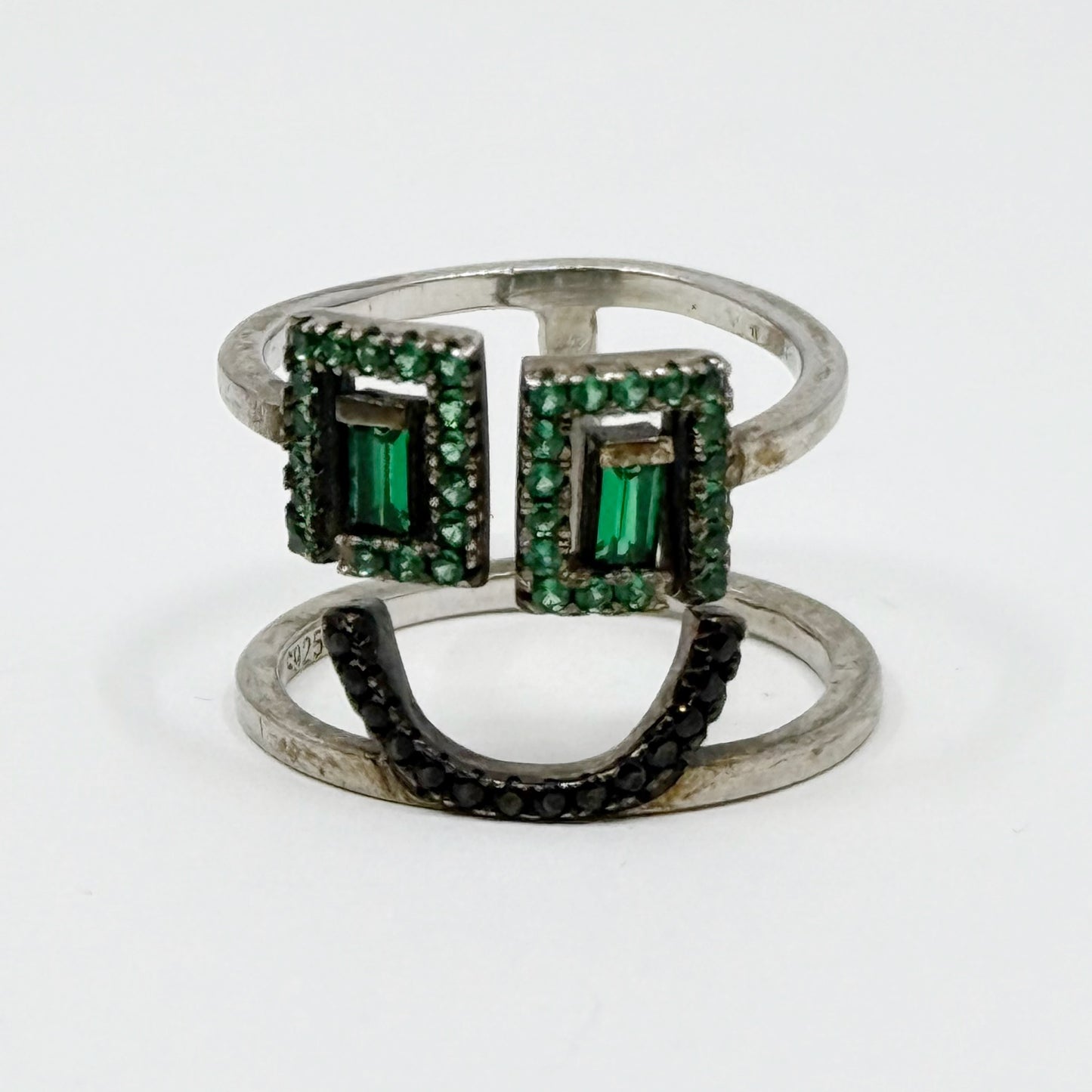 sterling silver green cubic zirconia happy face ring - GM4