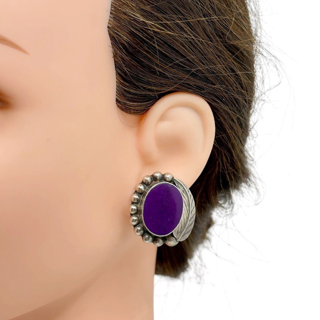 vintage Mexican 925 sterling silver purple stone clip on earrings - GM1039