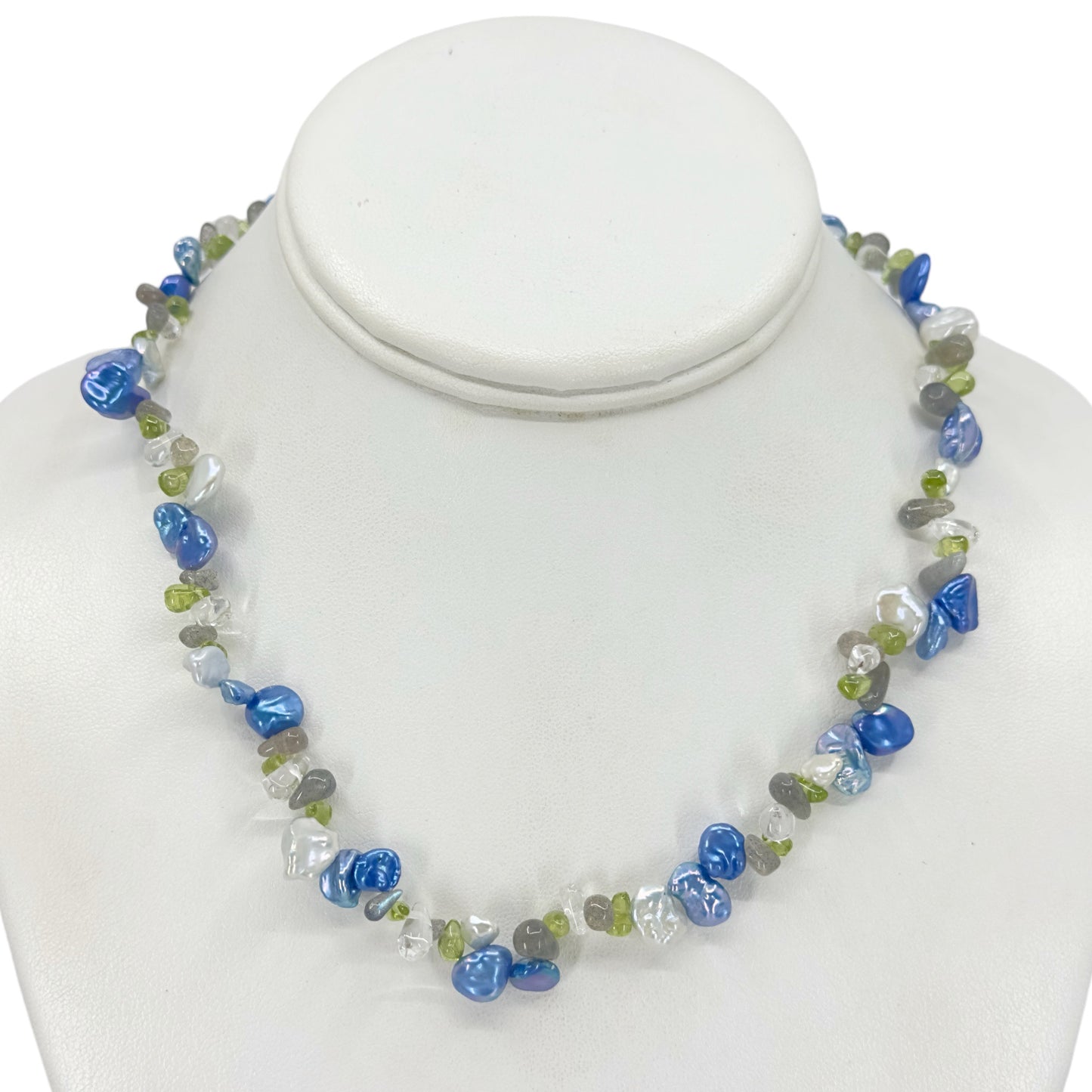 Hand made sterling silver pearl & gemstone bead necklace