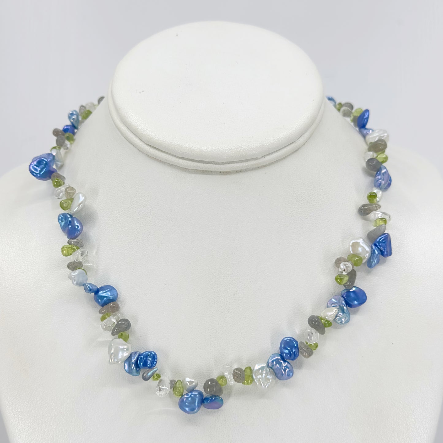 Hand made sterling silver pearl & gemstone bead necklace
