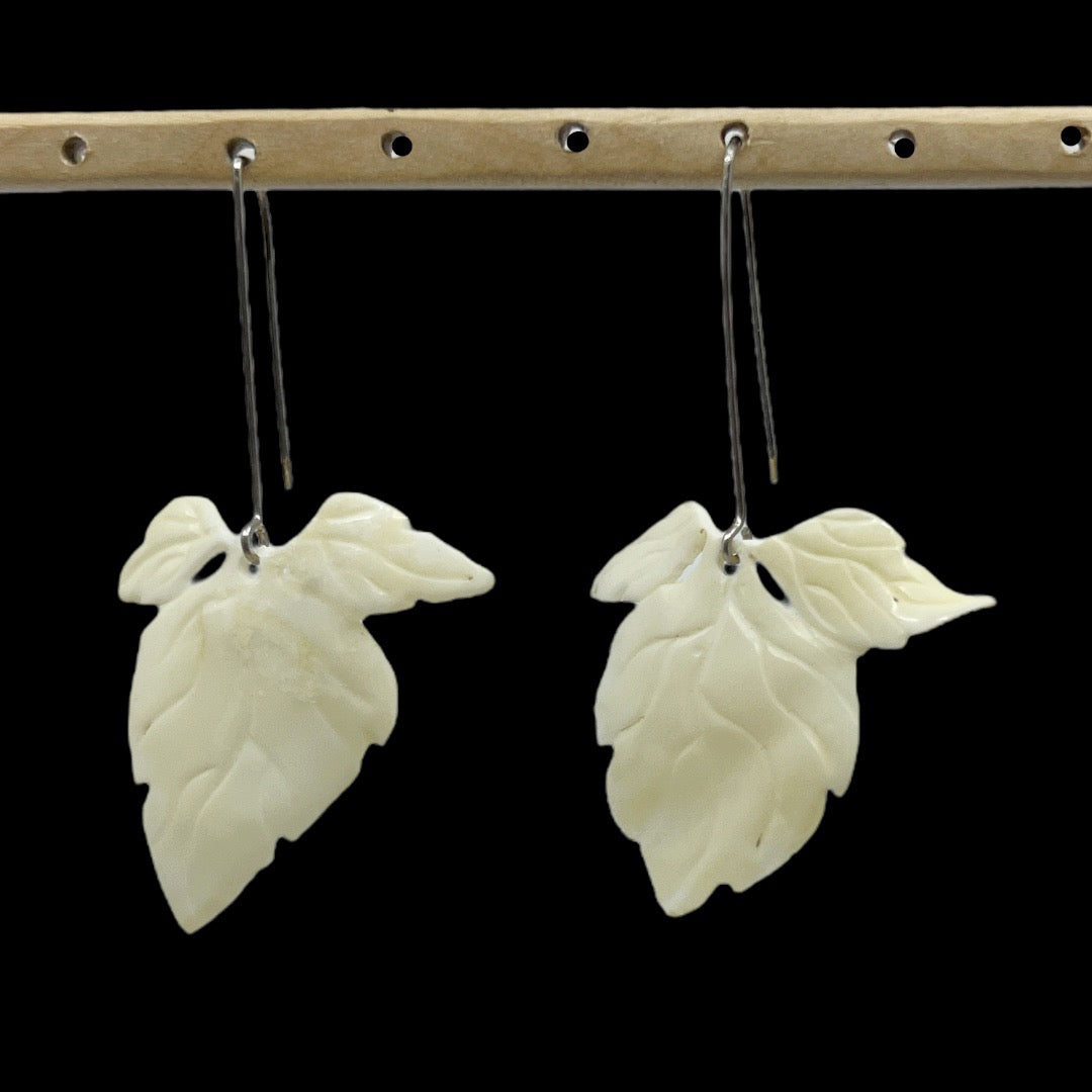 Hand Made Sterling silver carved bone leaf earrings - GM416