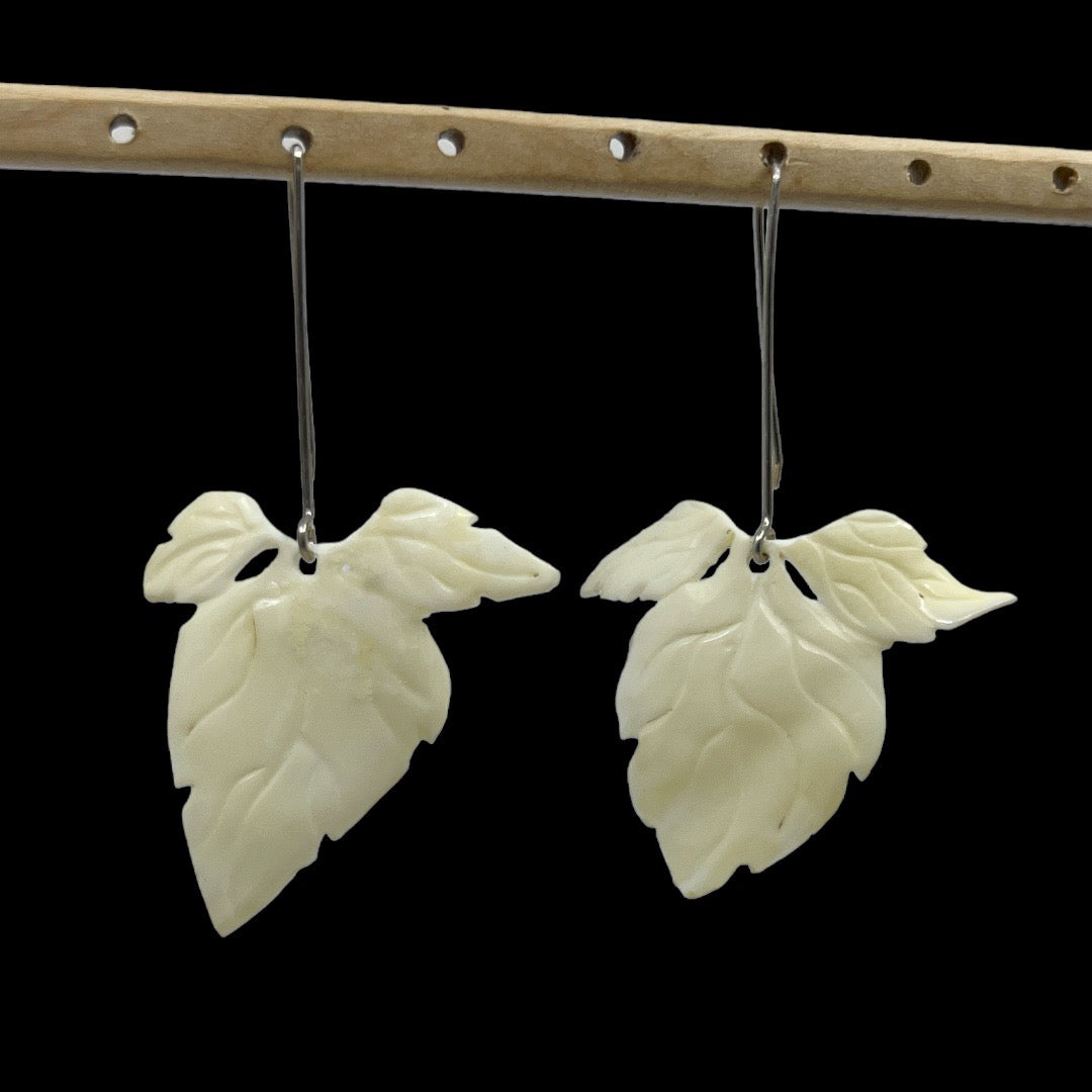 Hand Made Sterling silver carved bone leaf earrings - GM416