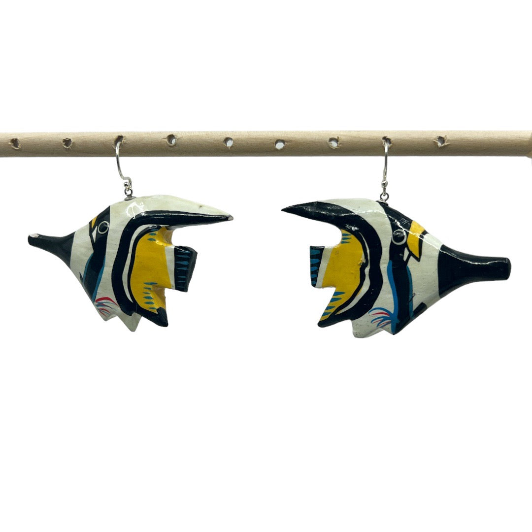 Sterling silver hand painted wood fish earrings GM435