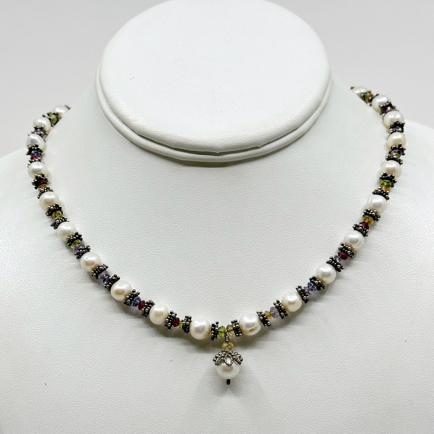 sterling silver pearl & tourmaline bead necklace GM444