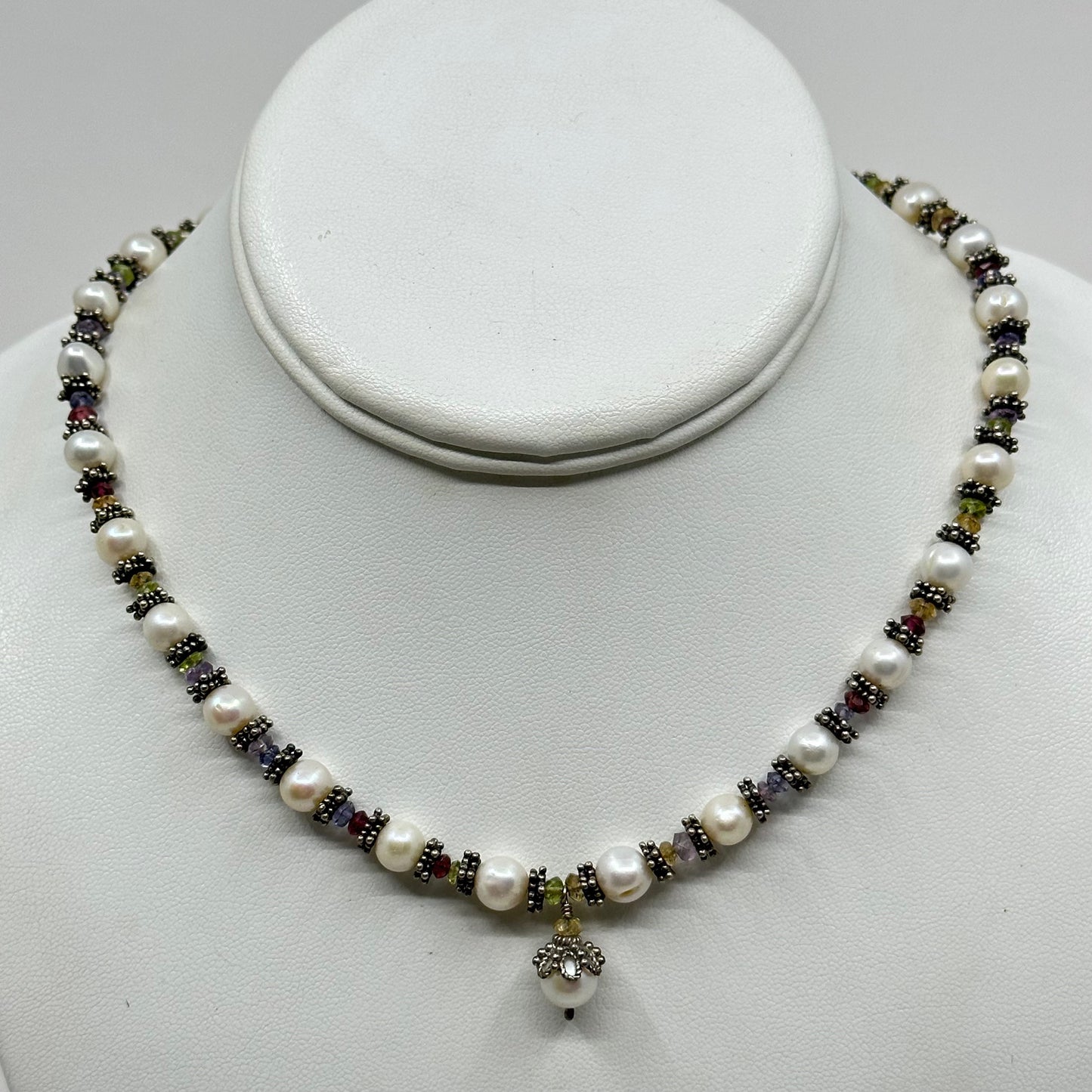 sterling silver pearl & tourmaline bead necklace GM444