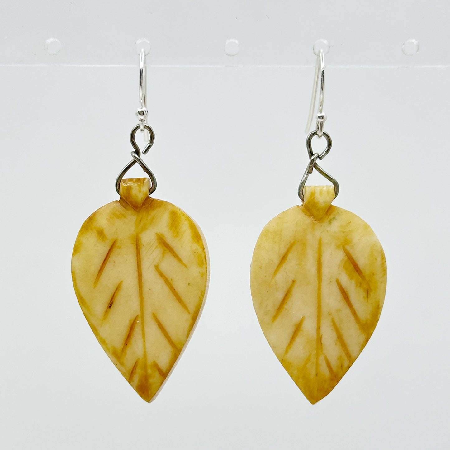 Vintage Sterling silver carved bone drop earrings GM451