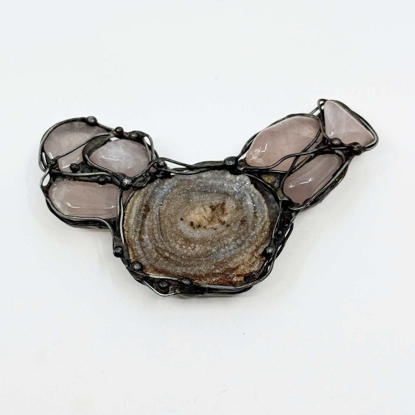 Hand Made Modernist silver plated rose quartz & druzy chalcedony slide pendant GM457