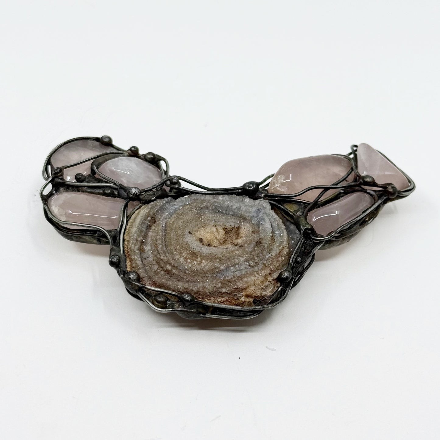 Hand Made Modernist silver plated rose quartz & druzy chalcedony slide pendant GM457