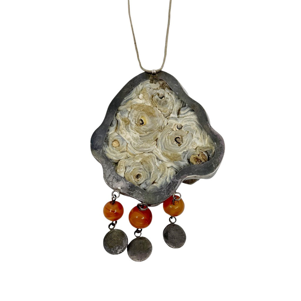 vintage Israeli sterling silver druzy agate & carnelian pendant necklace - GM459