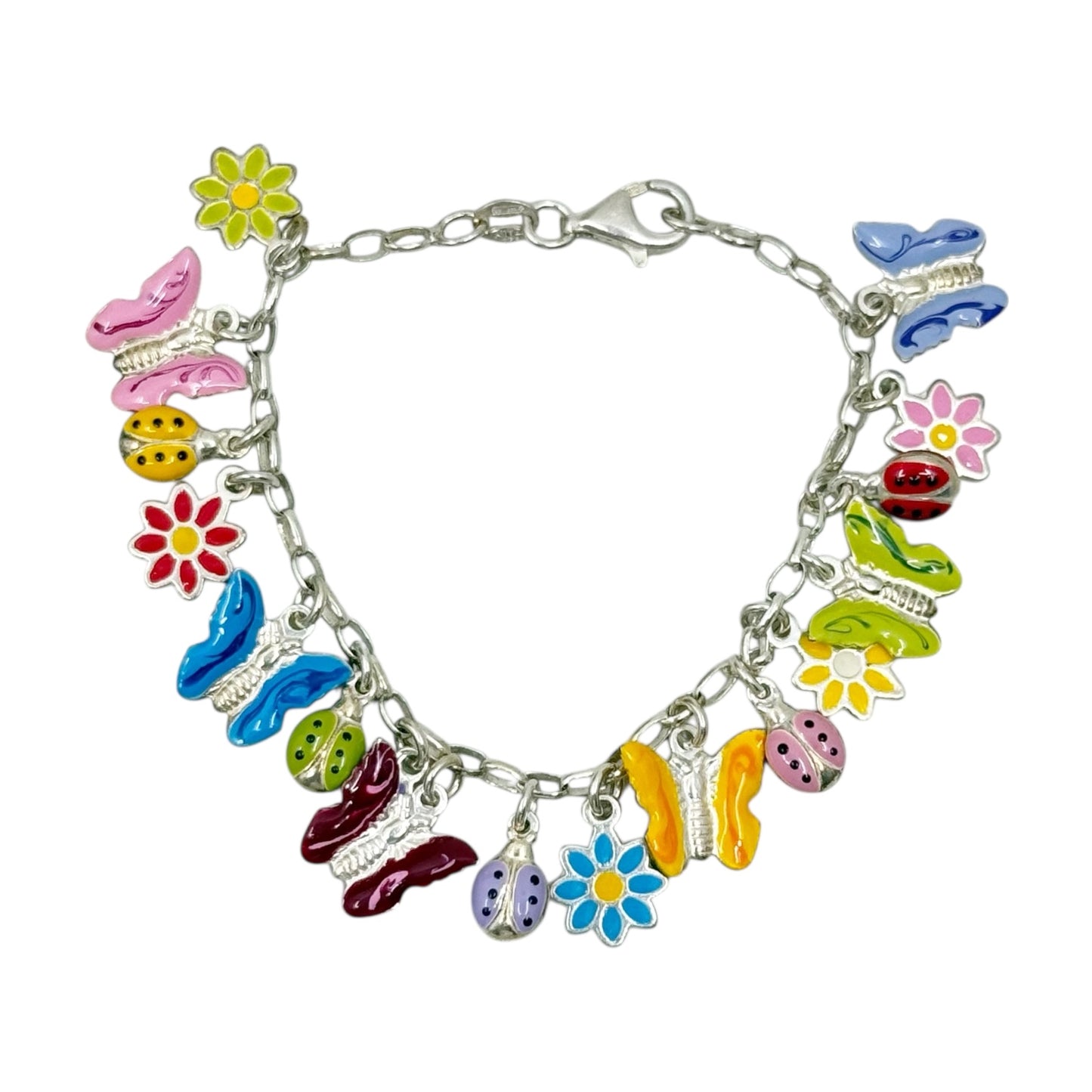 sterling silver crystal enamel flower butterfly ladybug charm bracelet
