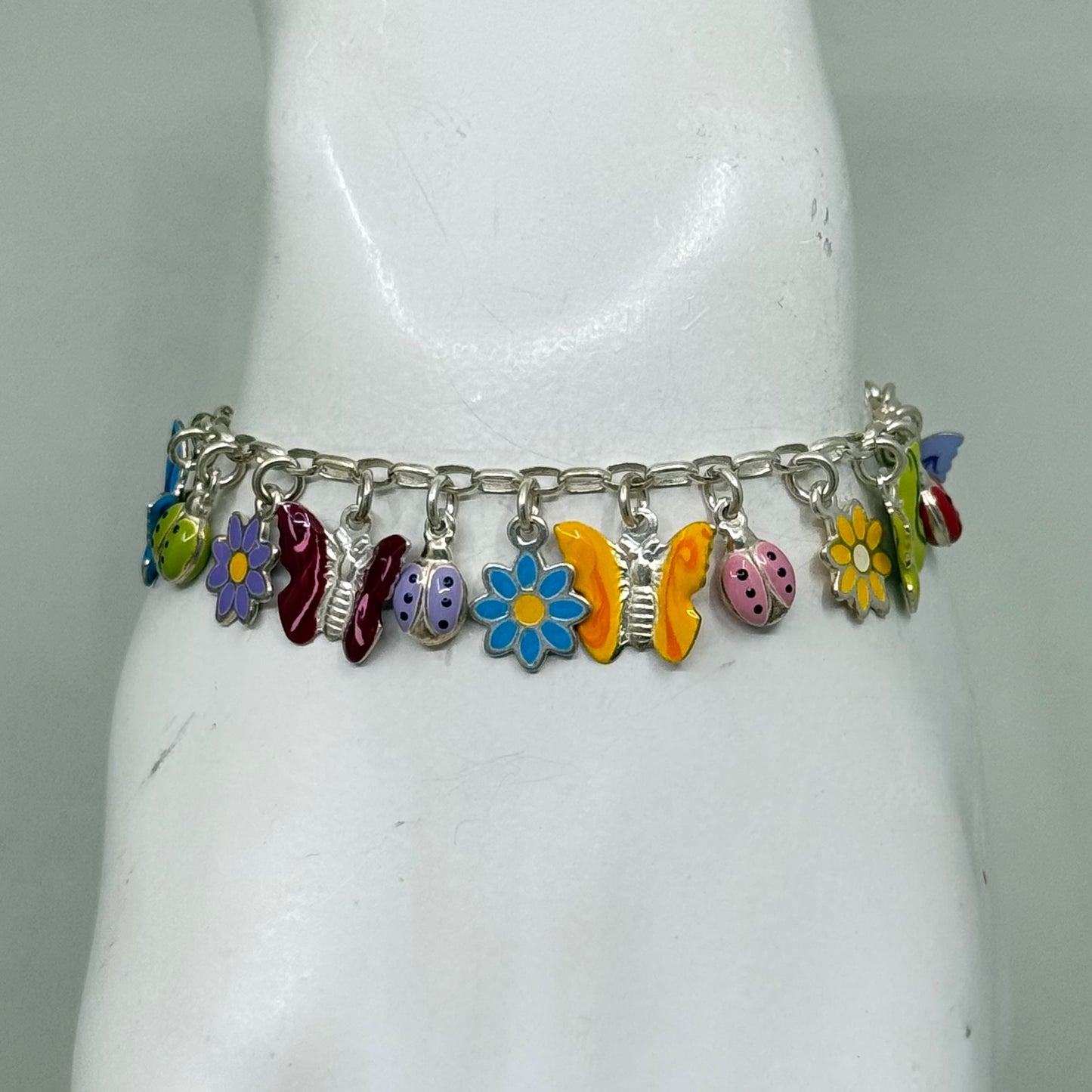 sterling silver crystal enamel flower butterfly ladybug charm bracelet